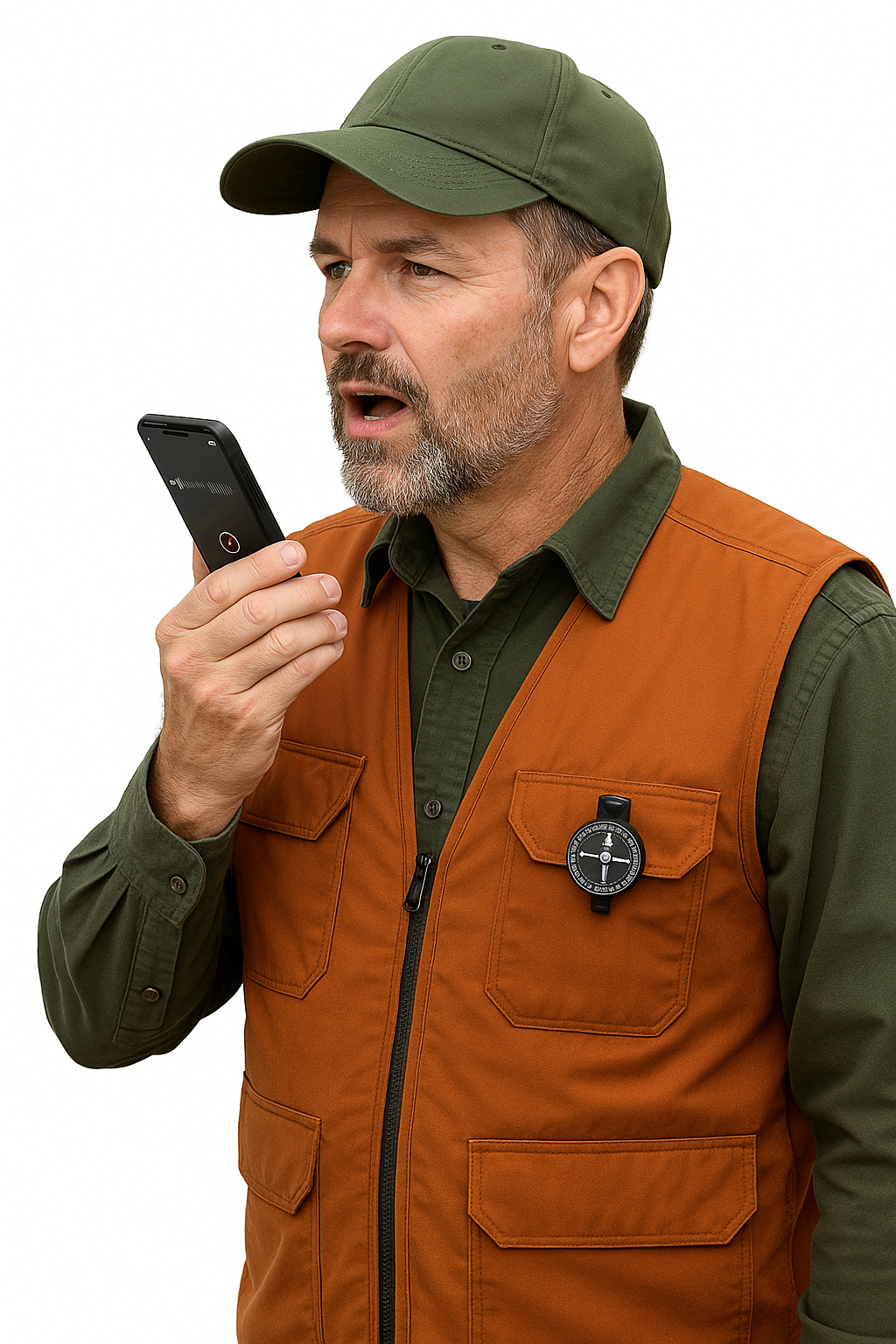 Professional forester speaking observations into a smartphone for FRASS-integrated data collection.