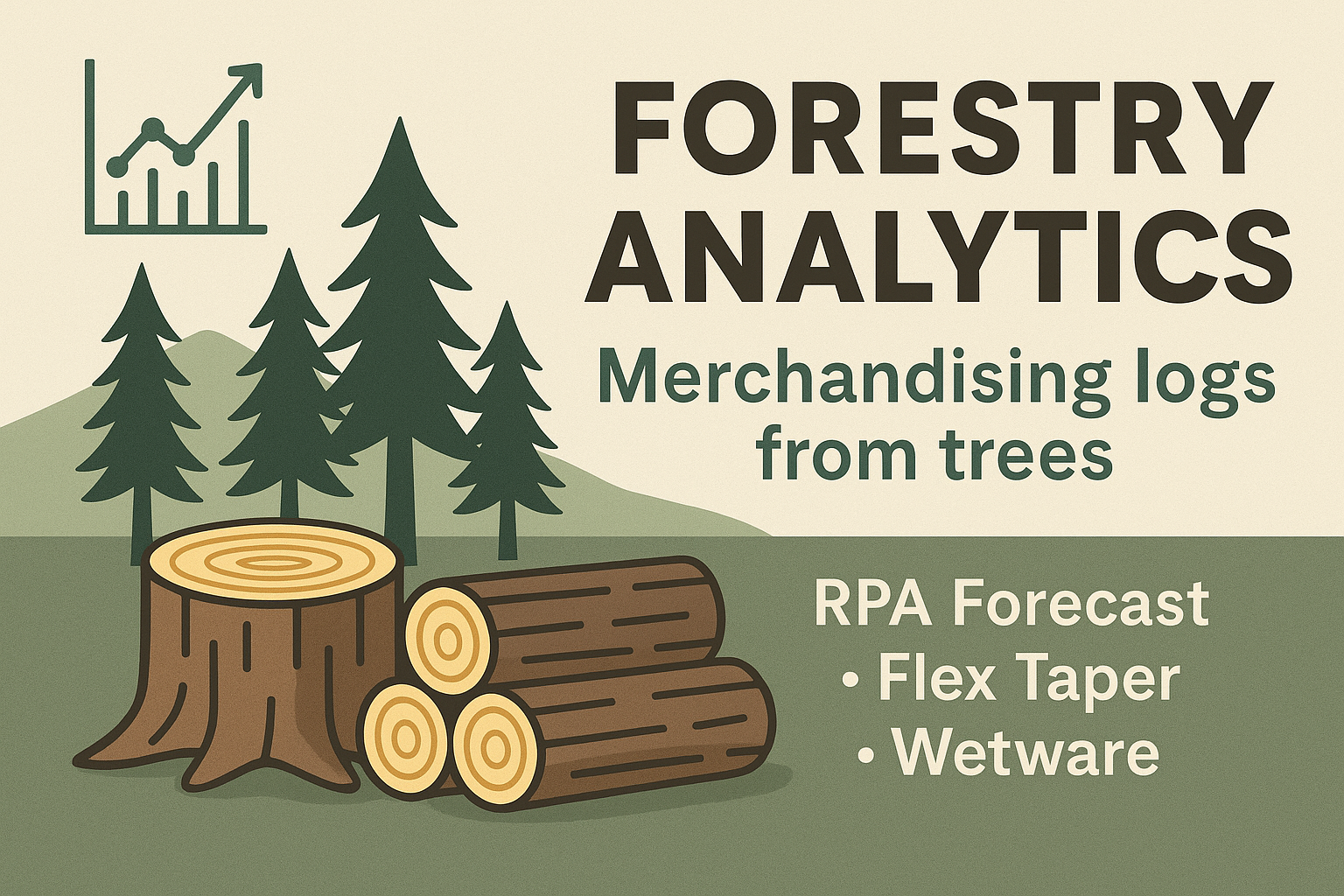 Flat digital illustration showing forest biometric data flowing into FRASS analytics, symbolizing the integration of FVS growth modeling, Flex Taper, and market forecasting.